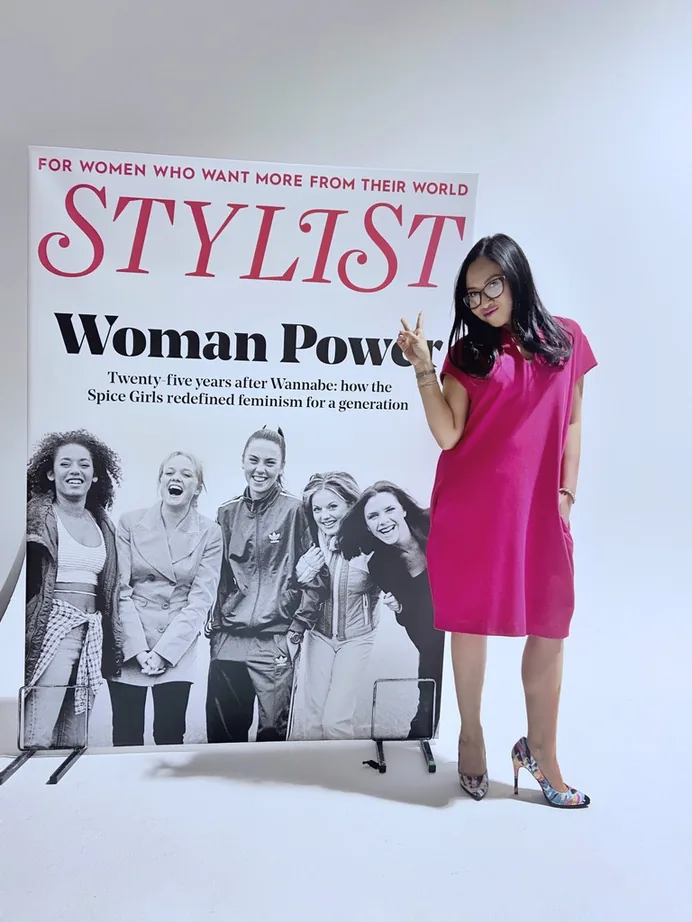 Stylist magazine Woman Power feature with Rebecca in a pink dress