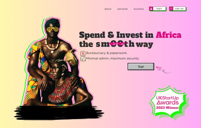 straitPay website hero on a pink gradient: Spend & Invest in Africa the smooth way