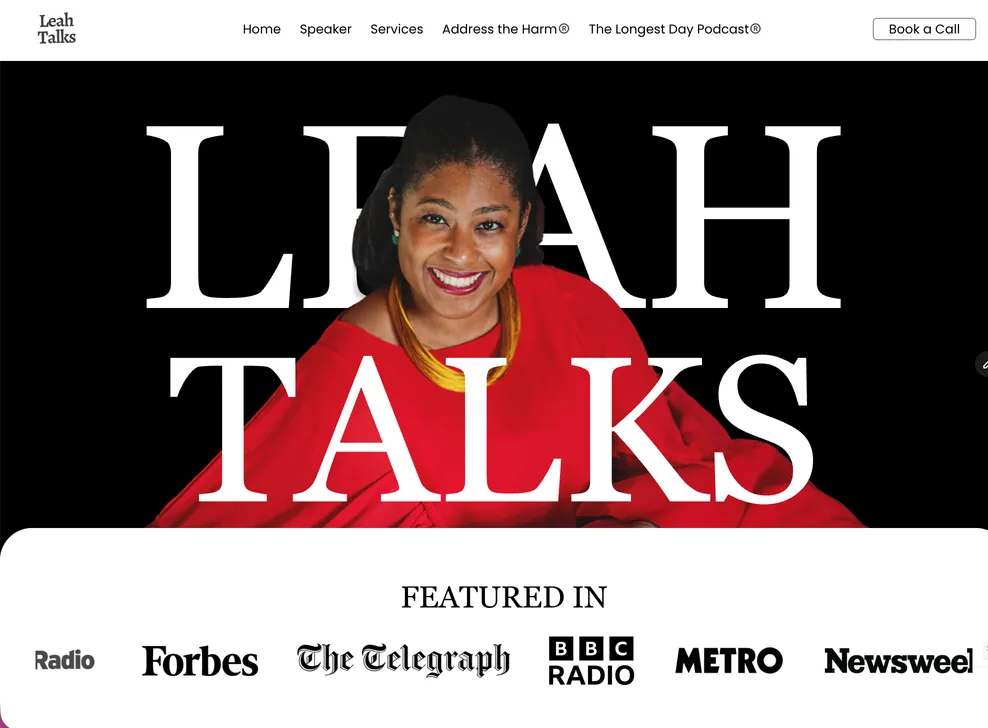 Leah Talks website hero in black and red with a Featured in strip