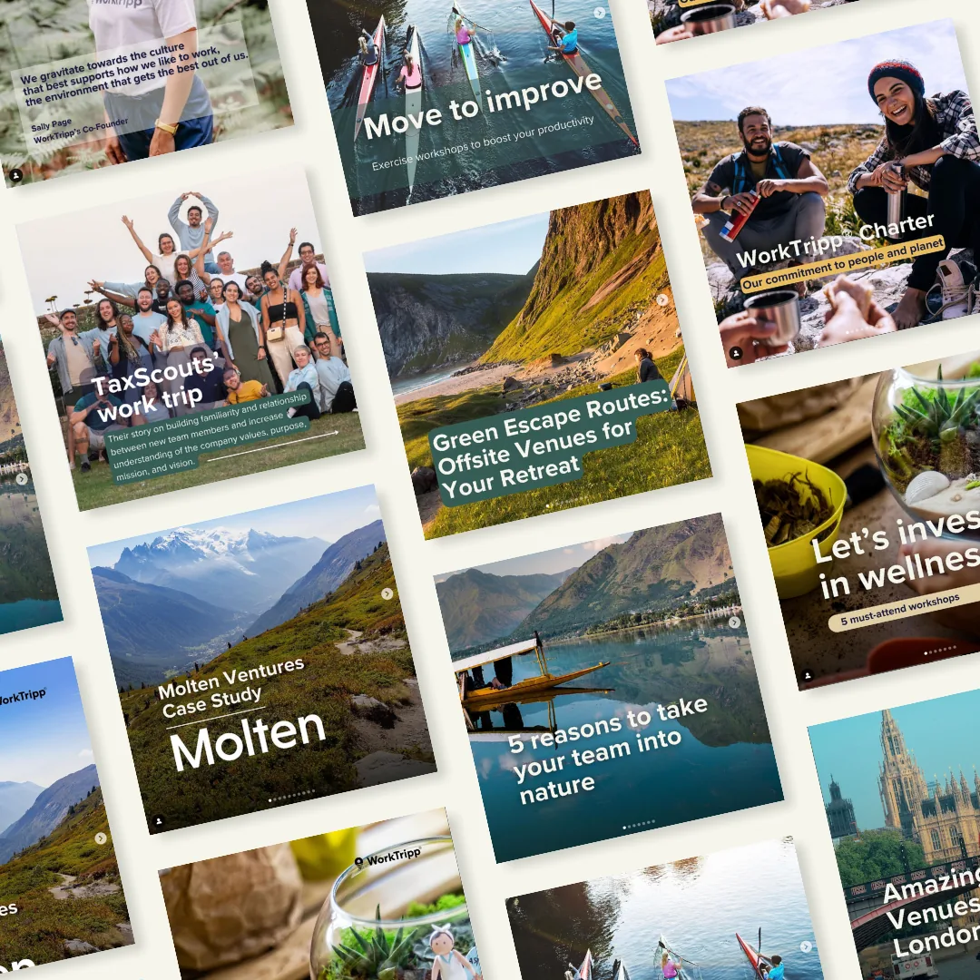 Grid of WorkTripp Instagram posts with mountain and lake photography and headlines such as Green Escape Routes and Move to improve
