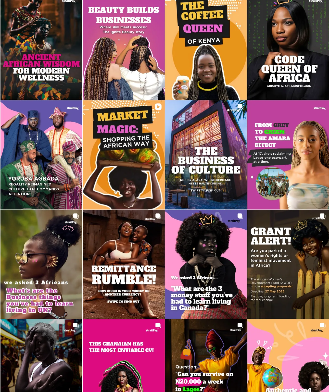 Grid of bold Instagram posts in pink, orange and black with headlines such as Market Magic, The Business of Culture and Remittance Rumble