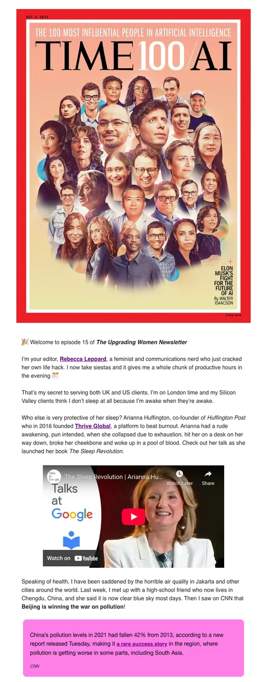 Newsletter issue opening with a TIME100 AI cover in red