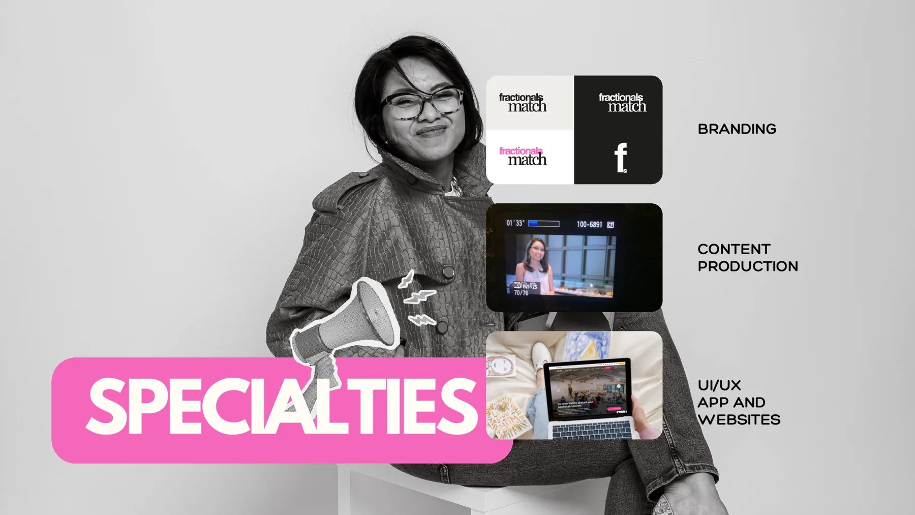 Specialties slide: black and white portrait of Rebecca in a denim jacket beside tiles showing Fractionals Match branding, a content production camera screen and a website on a laptop