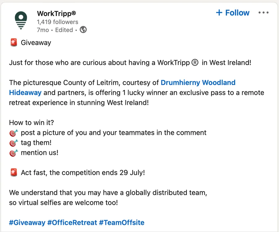 WorkTripp LinkedIn giveaway post text about a retreat in West Ireland