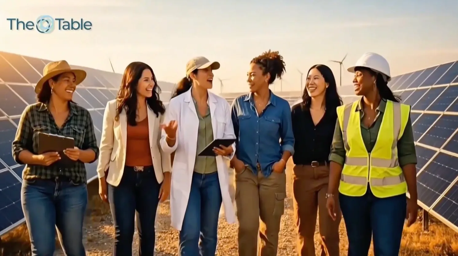Video still with The Table logo: six women in work wear walking past solar panels at sunset