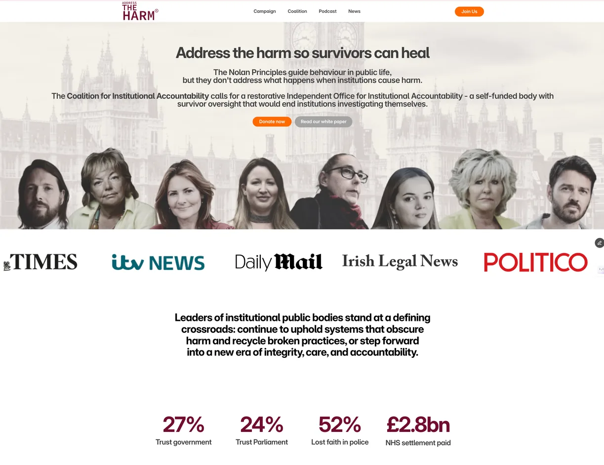 Address the Harm website hero: Address the harm so survivors can heal, with a row of portraits and press logos
