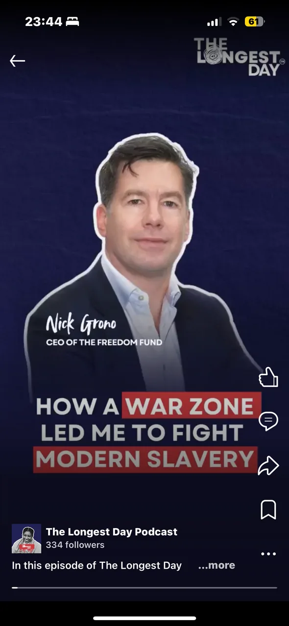 LinkedIn video post for The Longest Day Podcast: Nick Grono, How a war zone led me to fight modern slavery