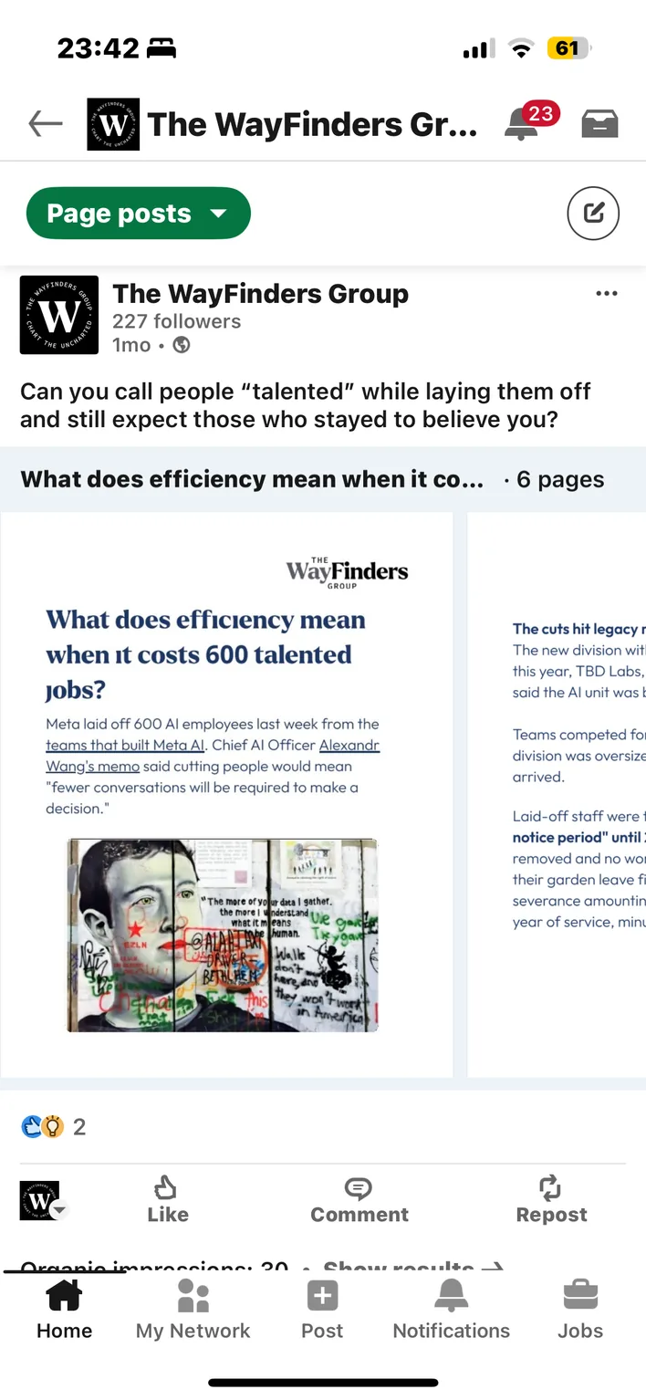 LinkedIn carousel post by The WayFinders Group: What does efficiency mean when it costs 600 talented jobs?