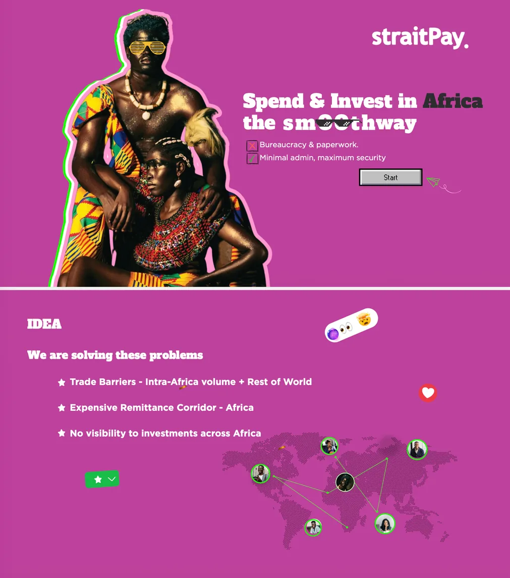 straitPay pitch slides on magenta: Spend and invest in Africa the smooth way, and the problems being solved